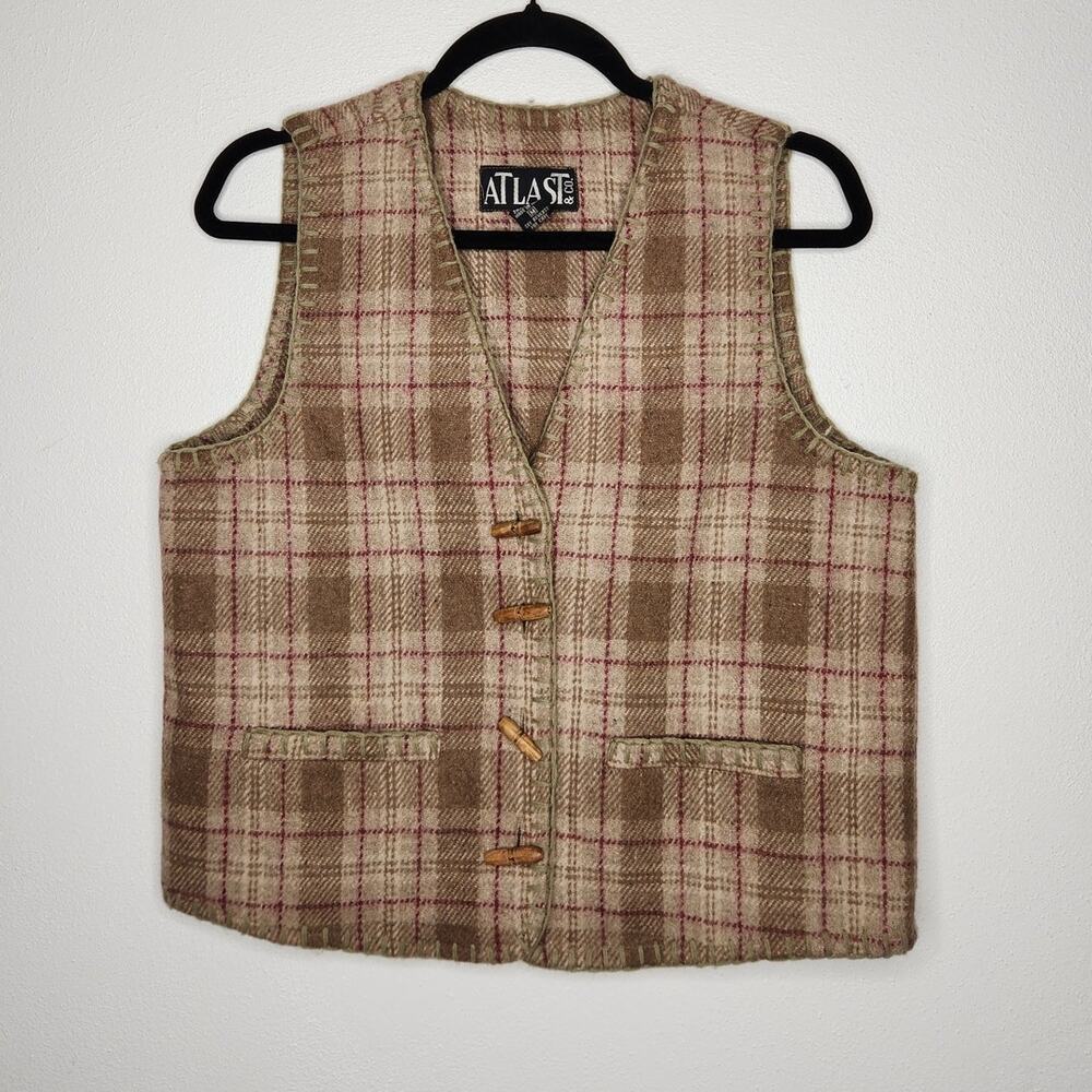 Vintage At Last 90s Plaid Button Cardigan Vest Wool Cotton Blend Fall Autumn